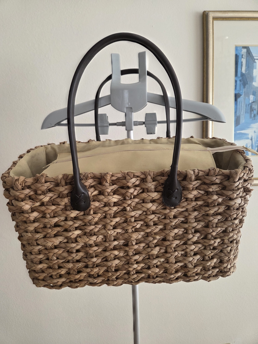 Woven Straw Tote Bag with Dark Brown Handles